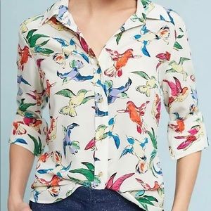 Meave 100% Silk Long Sleeve Buttondown Bird Blouse Anthropologie Size 4
